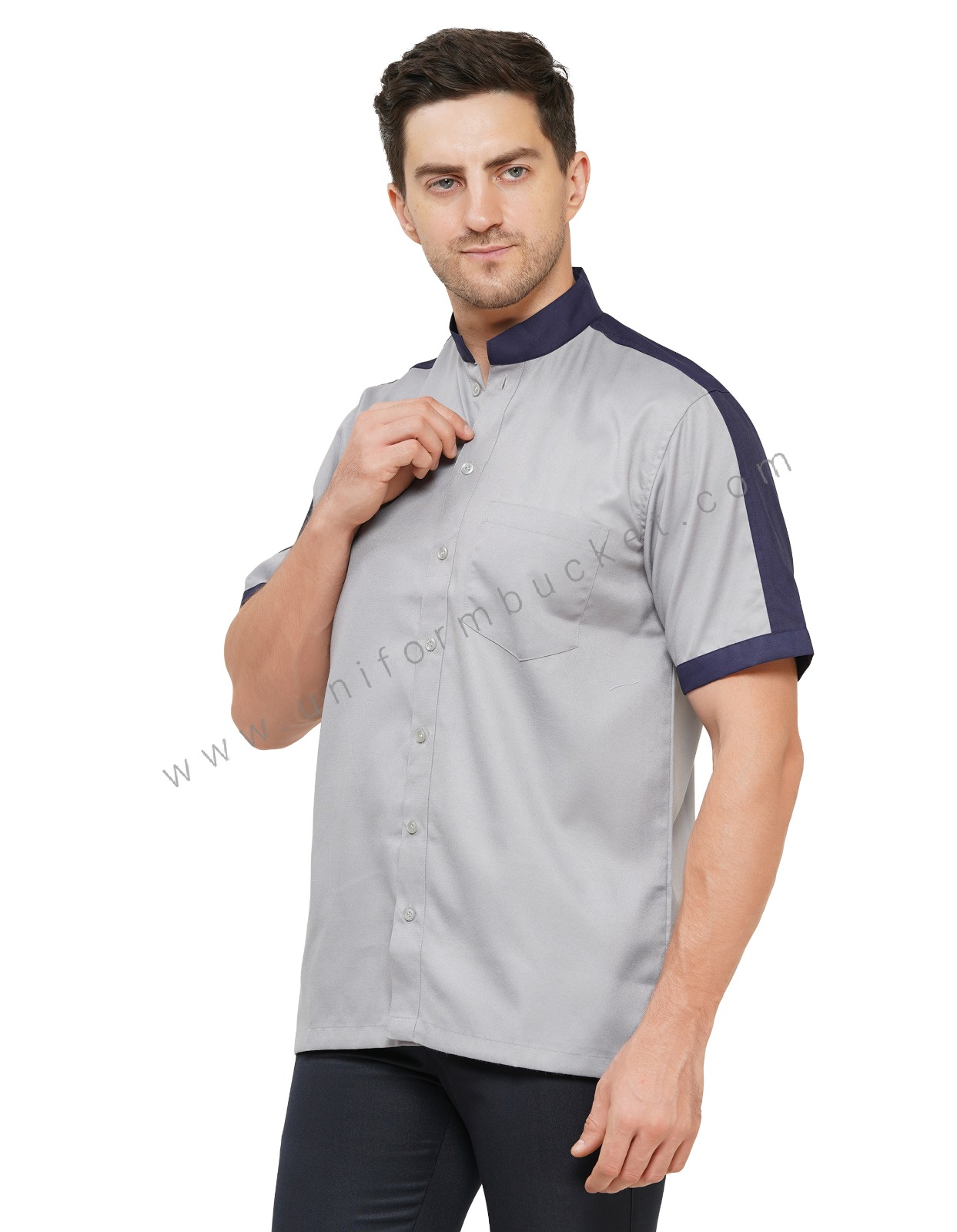 LIGHT GREY & INK BLUE MALE WORKWEAR SHIRT WITH DESIGNER SLEEVE  thumbnail 4